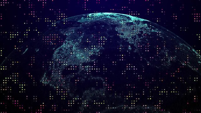 Abstract Rotating Digital Planet Earth Made Of Glowing Cyan Particle Grid On Dark Navy Background With Floating Colorful Pixel Noise. Futuristic Global Network Connectivity Concept, 3d Cyber Space Mot