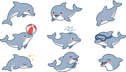 Naklejka premium Cute Dolphin Character Collection with Swimming Playing Diving and Ocean Activity Cartoon Vector Illustration Set