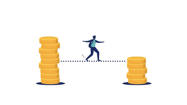Financial risk management concept, businessman tightrope walking between gold coin stacks, investment stability and economic balance illustration