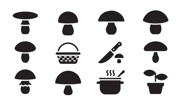 Collection of black solid icons representing mushrooms kitchen items and plants.