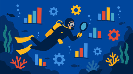 Naklejka premium Vibrant Flat Vector Illustration of a Scuba Diver in Full Dive Gear Holding a Magnifying Glass Swimming Through a Deep Blue Ocean Filled with Colorful Bar Charts and Gears, Perfect Metaphor for Deep