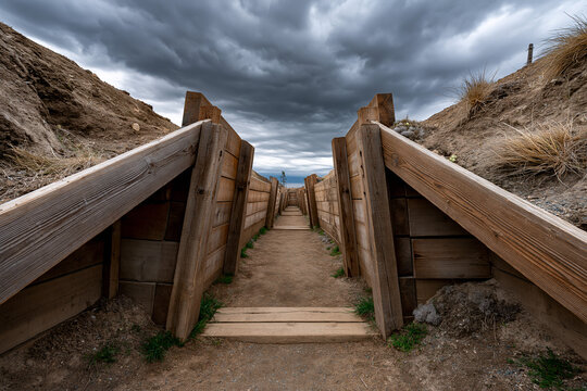 Wooden trench path leads to cloudy sky
