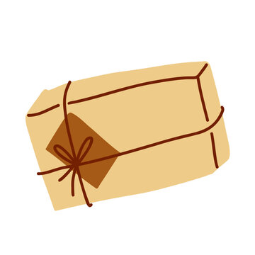 Wrapped Kraft Paper Parcel with Twine Bow, Minimal Hand Drawn Packaging Illustration for Gift Wrapping, Shipping and Small Business Branding
