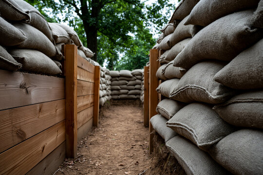 Sandbags line a trench in the woods