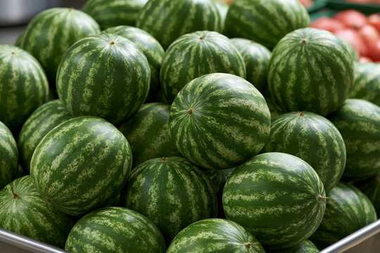 Fresh watermelons stacked in a market