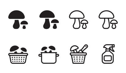 Set of black and white mushroom icons for culinary and agricultural design applications. © parul