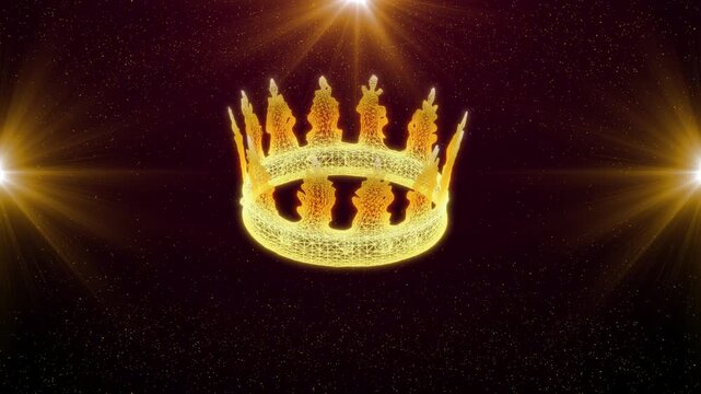 Glowing Golden Wireframe Crown Rotating Slowly On A Dark Background With Glittering Particles And Dramatic Lens Flares. Elegant 3d Hologram Of Royal Headwear, Perfect For Majestic Award Ceremonies, Lu