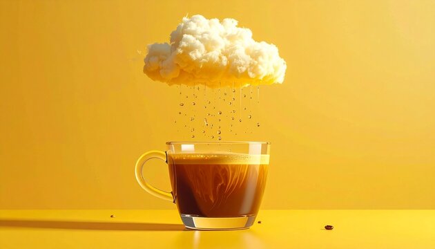 Conceptual image of a coffee cup with a raining cloud above on yellow background.