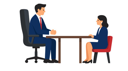 Obraz premium Professional Businessman in Blue Suit and Red Tie Sitting on Tall Office Chair Beside Businesswoman in Blue Suit Seated on Small Red Chair at Table, Corporate Job Interview Negotiation Meeting