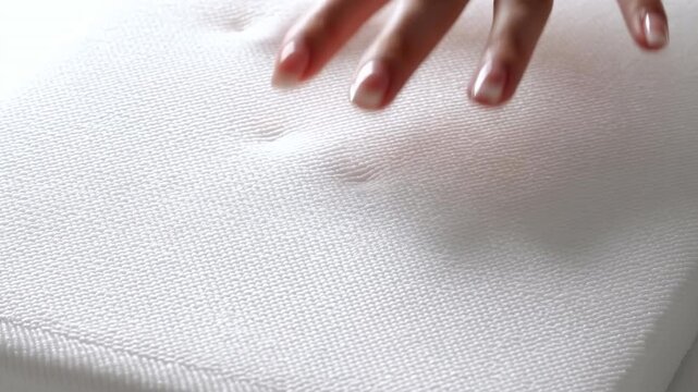 Well-manicured fingertips pressing into textured white fabric, creating shallow indentations, tactile contact, soft shadows, and subtle weave detail in clean minimal composition