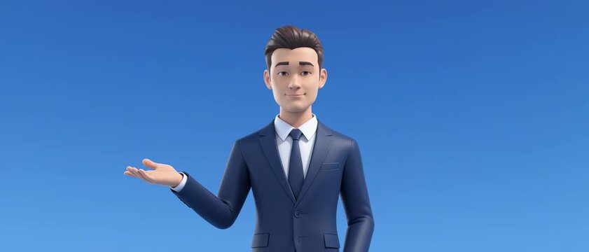Businessman animated character gesturing with hands against clear blue sky for corporate presentations