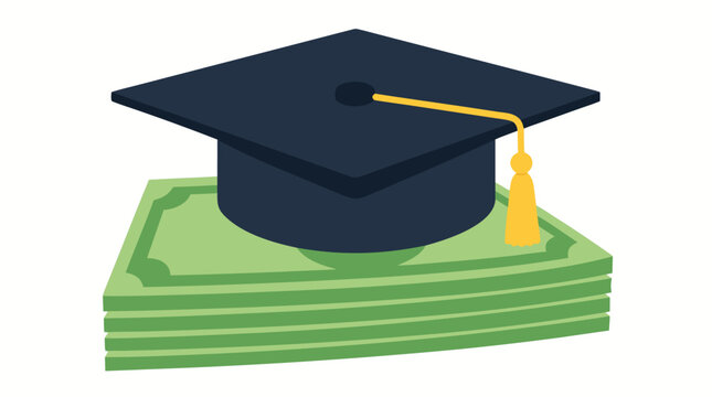 Graduation mortarboard cap resting on stack of green banknotes, education funding investment concept, academic degree success, university tuition fees payment, scholarship financial aid, flat vector