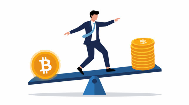 Businessman balancing on seesaw between glowing Bitcoin and dollar coins stack, representing financial balance between cryptocurrency investment and traditional currency wealth management.