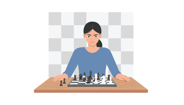 Serious young woman thinking deeply while playing chess in front of a checkered background on a wooden table.