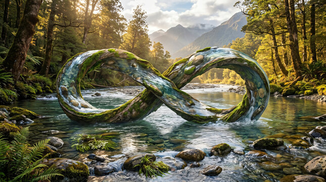 Impossible infinite stream structure covered in vibrant green moss within a mountain valley