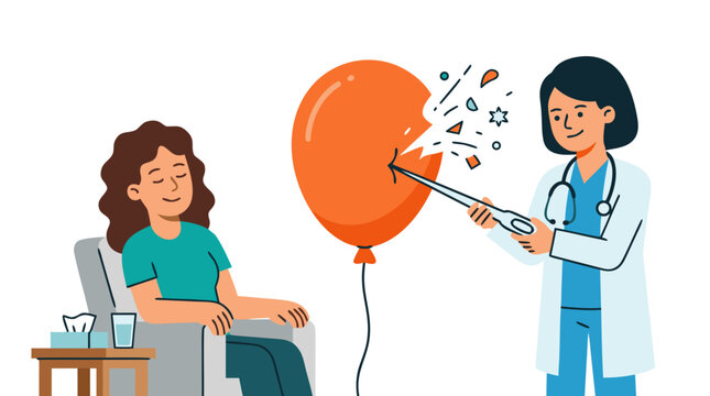 Female Doctor Popping Orange Stress Balloon with Giant Syringe Needle While Relaxed Female Patient Sits Comfortably in Therapy Chair, Mental Health Care and Stress Relief Concept, Bold Flat Vector