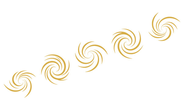 Line of five golden swirling galaxy or portal shapes positioned in a diagonal row on a plain white background.
