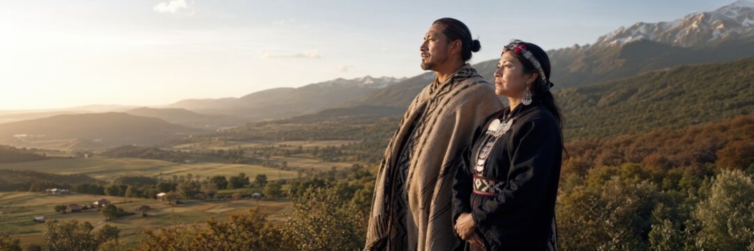 Traditional Mapuche couple overlooking a vast Andean valley in southern Chile, Indigenous culture, ancestral heritage, cultural identity, connection to land