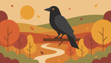Fototapeta premium Black crow perched on a wooden branch in a scenic autumn landscape with colorful trees and a winding river path.