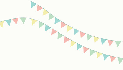 Obraz premium Two elegant strings of pastel colored bunting garland flags hanging in curved lines against a clean off-white background.