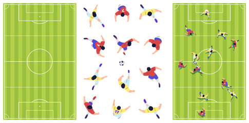 Players with soccer ball and football fields, top view. Sport game action. Stadium environment with running athlete characters. Tactical concepts and training. Vector active outdoor recreation