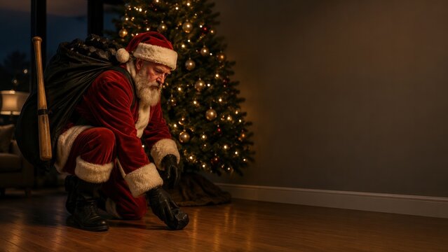 Bad Santa secretly placing coal beneath a Christmas tree instead of presents, creating a darkly humorous holiday punishment concept with copy space