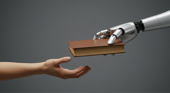 Robotic hand passing a vintage book to a human hand. Concept of artificial intelligence sharing knowledge and literature with society. Future interaction between technology and humanity
