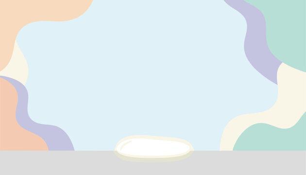 Abstract product display background featuring a white podium on a soft pastel background with colorful wavy organic shapes.