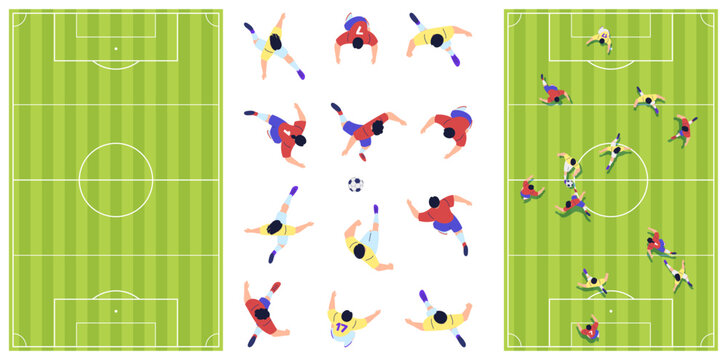 Players with soccer ball and football fields, top view. Sport game action. Stadium environment with running athlete characters. Tactical concepts and training. Vector active outdoor recreation