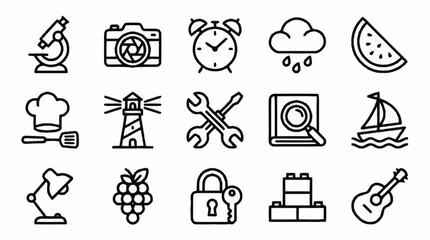 Collection of sixteen black line icons for various themes. © Joko