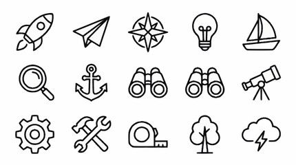 Collection of sixteen black line icons for various themes. © Joko