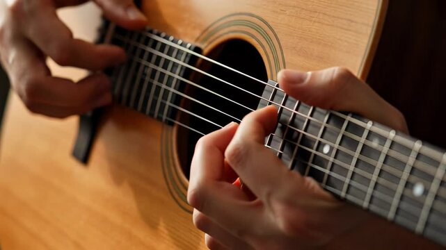 Acoustic guitar fingerpicking closeup: masterful hand techniques in action