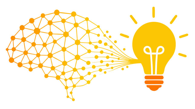 Vibrant Bold Flat Color Vector Graphic of Glowing Orange Neural Network Brain Made of Interconnected Nodes Morphing Into a Radiant Yellow Lightbulb, Representing Artificial Intelligence Innovation,
