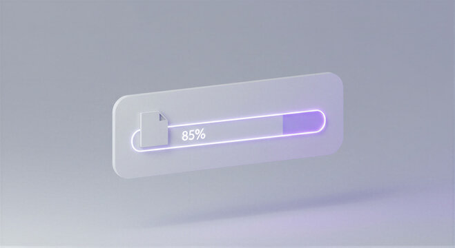 Progress bar icon showing document file upload at eighty five percent. Digital data transfer process visualization with glowing interface. Software loading indicator for cloud computing