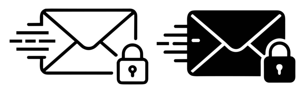 Email message with padlock icon for secure private communication concept, black and white vector illustration on transparent background