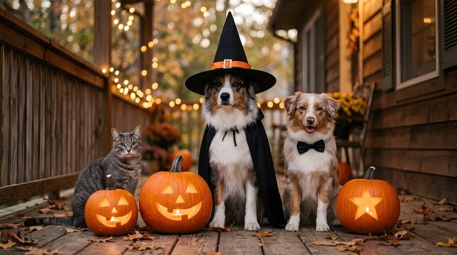Happy halloween adorable pets in costumes with jack o' lanterns for festive fall fun