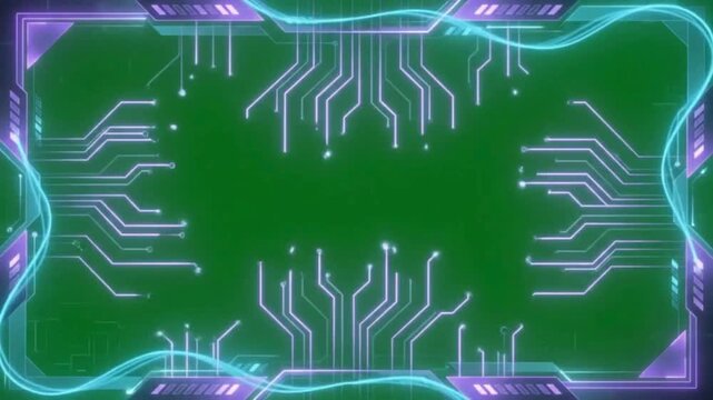 Cybernetic technology frame overlay with pulsing neon circuitry lines on green screen border circuit cyber futuristic glowing