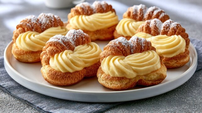 Cream puffs with sugar on a plate.