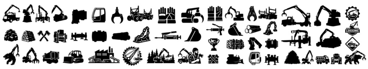 Forestry Logging Machinery Vector Silhouette Bundle - Heavy Timber Forwarder Icon Pack - Lumberjack Woodcutter Tools Template Collection © Green Graphics