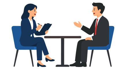 Fototapeta premium Professional Business Job Interview with Two Business People Sitting at Small Table, Female HR Manager with Clipboard Asking Male Candidate Questions in Corporate Office, Vector Illustration