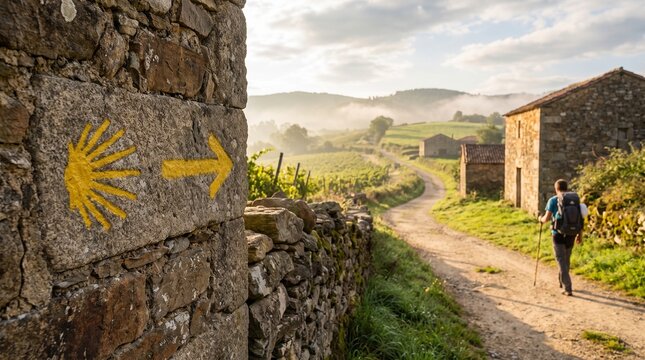 Camino de Santiago pilgrim walking rural trail. Hiker following yellow scallop shell waymarker on historic European route.