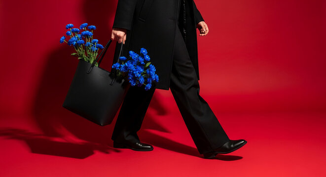 Person in black attire walks with blue flowers in a black bag against a red background, symbolizing fashion, elegance, and nature