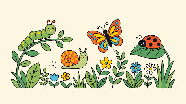 Colorful butterfly ladybug snail caterpillar garden.