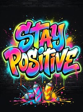 A vibrant graffiti artwork with the motivational phrase Stay Positive spray painted in colorful letters on a black brick wall with paint cans
