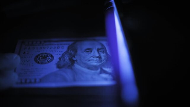 Macro shot checking a one hundred dollar bill for authenticity using an ultraviolet light detector. The UV lamp scans across the banknote to reveal hidden security features in the dark.