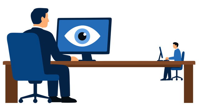Flat Vector Illustration of Corporate Digital Workplace Surveillance: Manager at Desk With Giant Oversized Eye on Monitor Watching Small Remote Employee Working at Computer, Concept of Employee