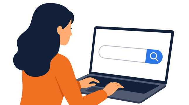 Professional Business Woman Working on Laptop Computer with Giant Search Bar Display, Online Research and Internet Browsing Concept, Digital Technology and Web Search Vector Illustration