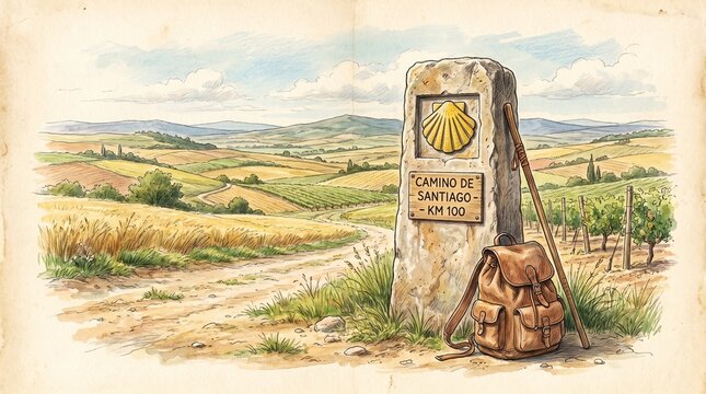 Ancient pilgrim route milestone with scallop shell symbol. Historic Camino de Santiago waymarker on rural dirt path.