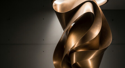 Naklejka premium Curved bronze sculpture with metallic sheen, displayed against a dark textured wall, symbolizing modern art and elegant design
