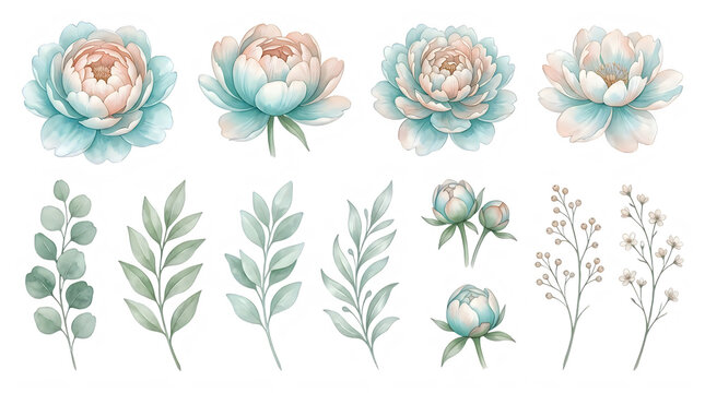 Watercolor Illustration of Pink Peony Flowers and Botanical Leaves Isolated on White Background